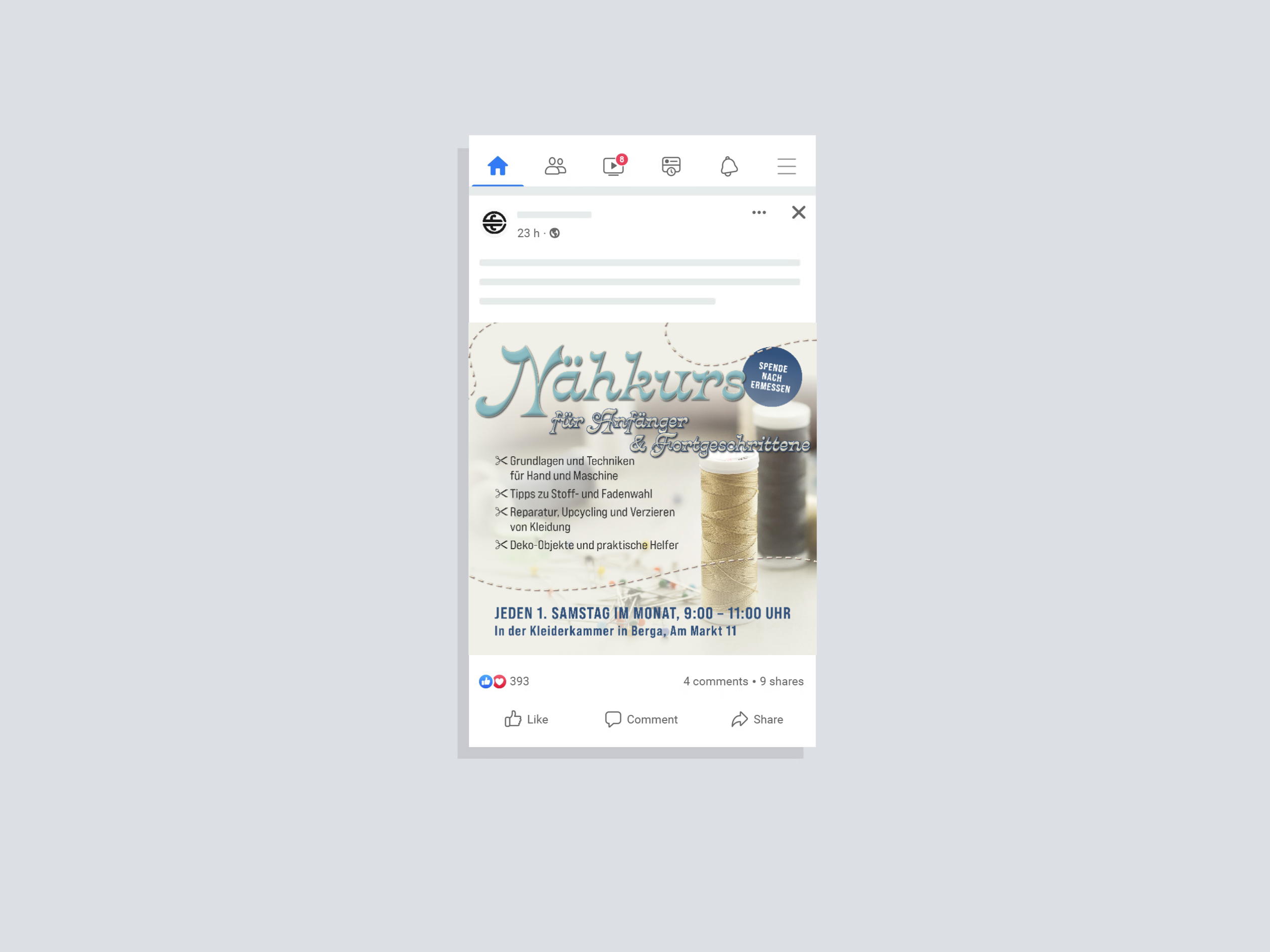 Facebook Post für Nähkurs